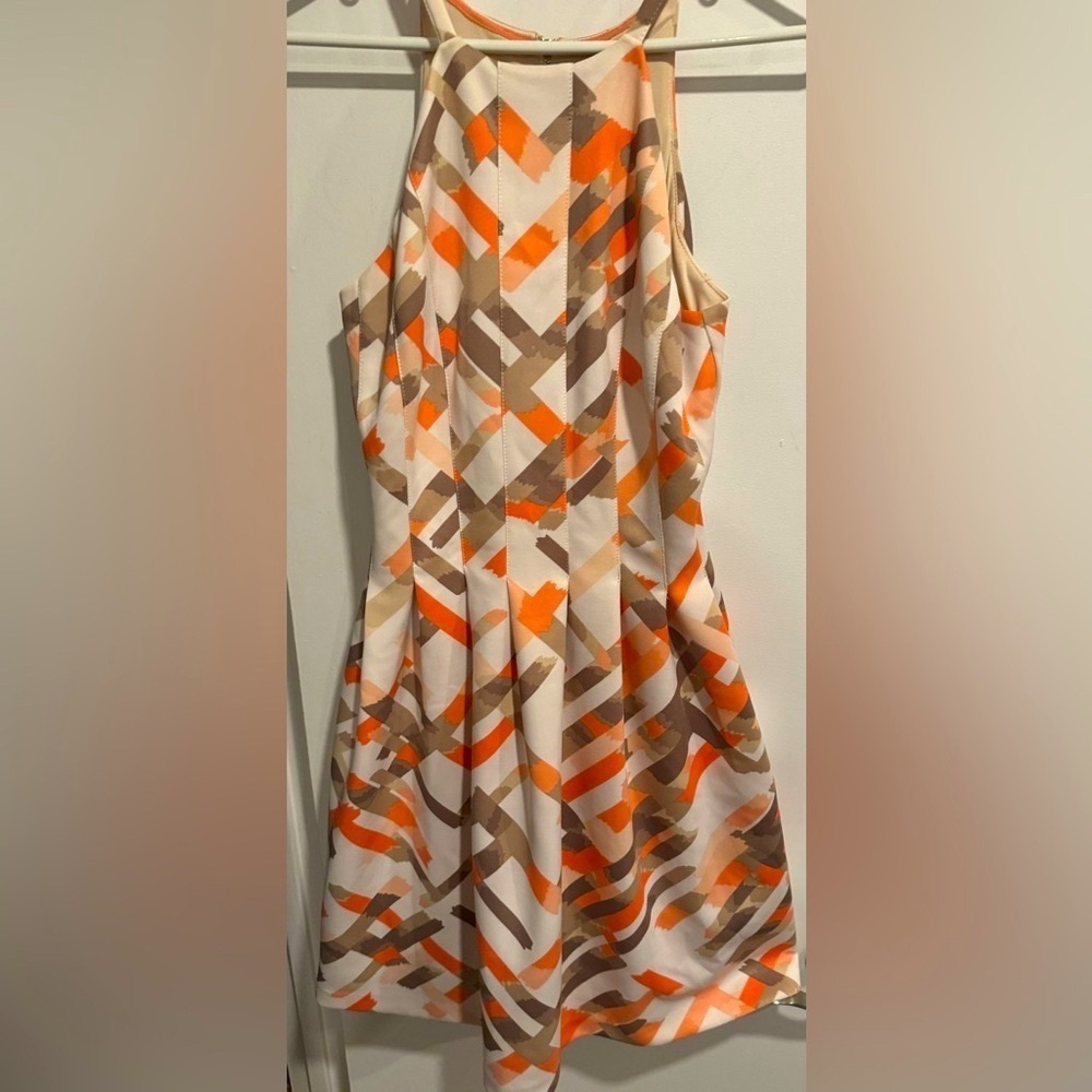 Vince Camuto halter scuba mini dress print orange white pleats flare party  6